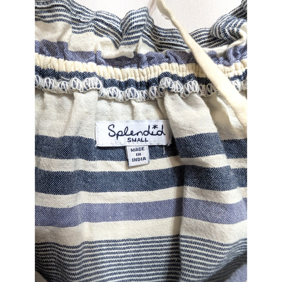 Splendid Womens Small Off-the-Shoulder Ruffle Overlay Blue/Off-White Striped Top - Picture 6 of 7